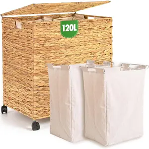 Wicker Laundry Hamper 2 Sections with Lid & Wheel, 30 Gallon (120 L) Handwoven Hyacinth Laundry Basket with 2 Removable Liners & Handles for Bedroom Laundry Room Natural