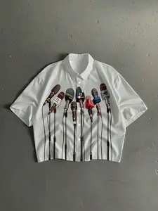 Y2K Aesthetic Novelty Microphone Print Crop Shirt, Lightweight Striped Collared Button Up Top, Trendy Hip Hop Streetwear Blouse for Daily & Festival Wear