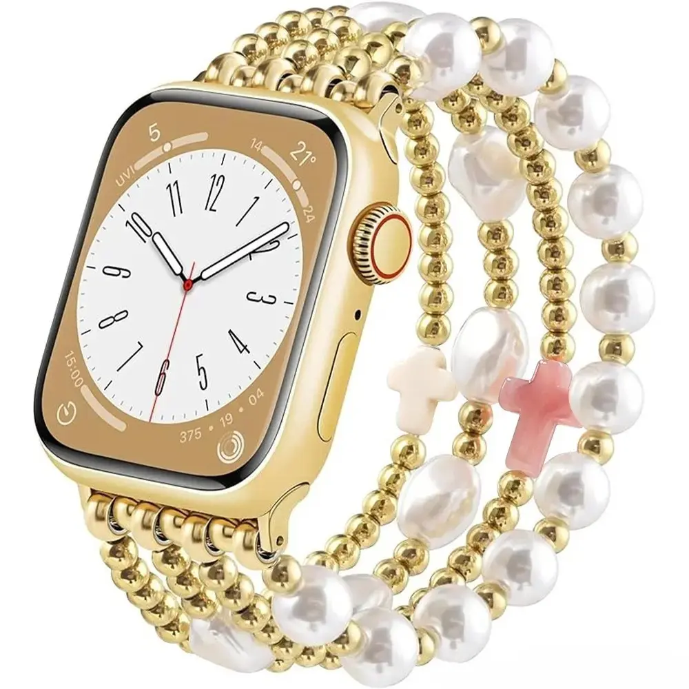 Elegant Glass Pendant Beaded Watch Strap, Boho Chic Handmade Bracelet Band For Apple Watch Series 4-8 SE, Stylish Women's Tech Accessory For Daily Party Wear