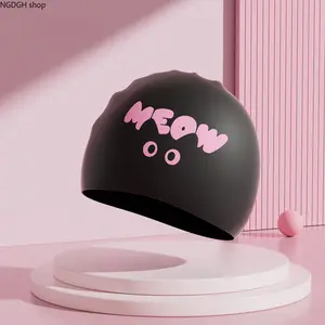 Silicone Cat Face Swim Cap - Trendy Black MEOW Design with Pink Graphic, Soft Stretchy Waterproof, Long Hair Protection, Unisex for Pool Training & Daily Swimming (Sports & Outdoor Accessory)