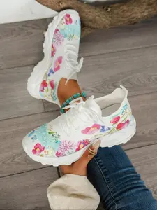 Women's Fashionable Floral Pattern Lace Up Low Top Sneakers, Casual Breathable Comfortable Sports Running Shoes, All-match Basic Shoes for Daily Wear