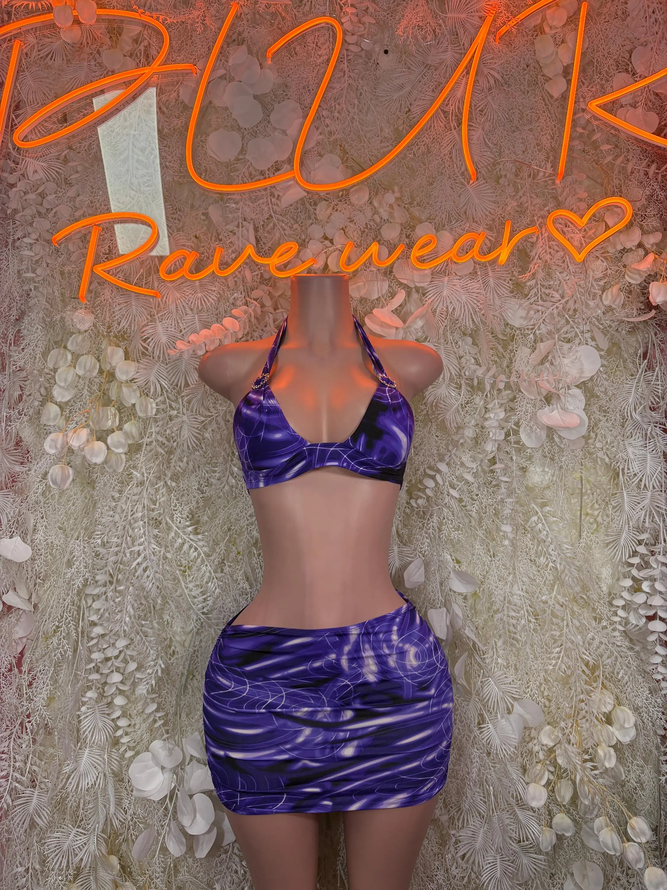 Purple Swirl Rave Halter Top & Skirt Set – Festival Clubwear Costume