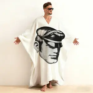 Tom of Finland Portrait Print Men's V-Neck Flannel Caftan, Classic Retro Erotic Art Brushed Cotton Robe, Bold Masculine Graphic Loungewear for Collectors & Fans