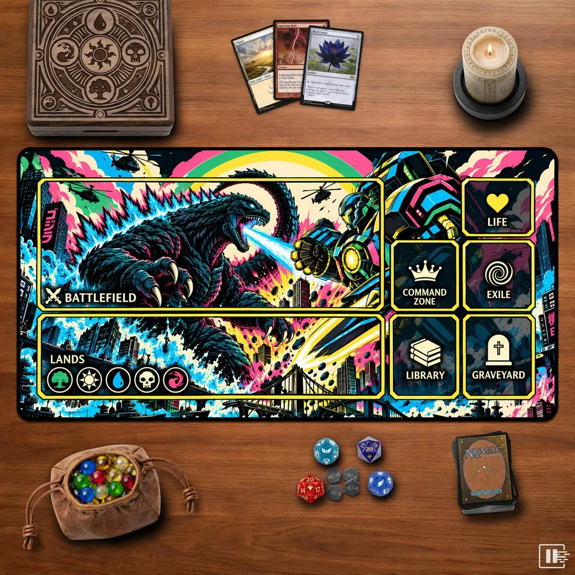 Godzilla vs Mech MTG Playmat Kaiju Magic The Gathering TCG Mat with Zones Commander Desk Mat Anime Gaming Card Playmat for TCG Players