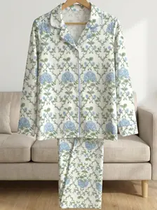 Women’s Blue And Green Hydrangea Long Latin Pajama Set, Button Up Floral Sleepwear PJs, Soft Luxury Loungewear, Elegant Nightwear Gift for Her