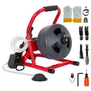 50ft Drain Cable Electric Drain Auger Professional Cleaner Steel Core Auto Feed Snake for 2 to 4 Inch Pipes Sewer Cleaning Tool with Multi-Cutter Function & Protective Gloves