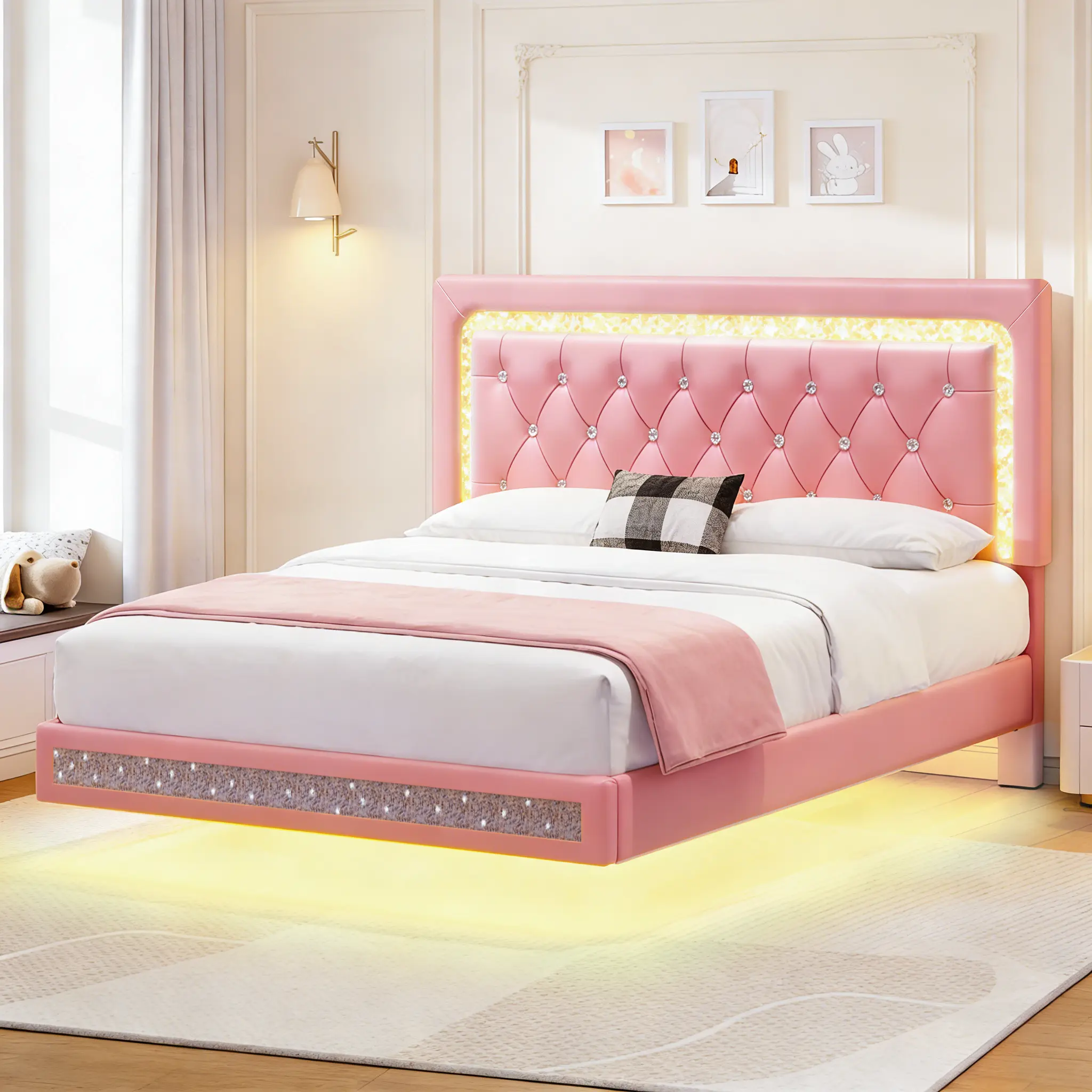 【Floating】 Mraeer Floating Bed Frame with LED Lights Upholstered Modern Platform Bed Diamond Tufted Headboard Noise Free Comfort