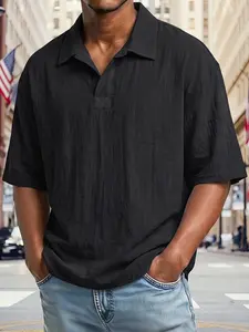 American Retro Men’s Casual Polo Shirt, 2026 New Style, Loose Fit Textured Short Sleeve, Solid Color Turn-Down Collar Top, Mature Style