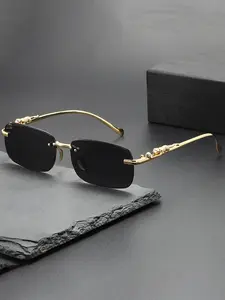 Retro Style Rimless Sunglasses with Golden Temples and Three Dimensional Decoration Suitable for Both Men and Women