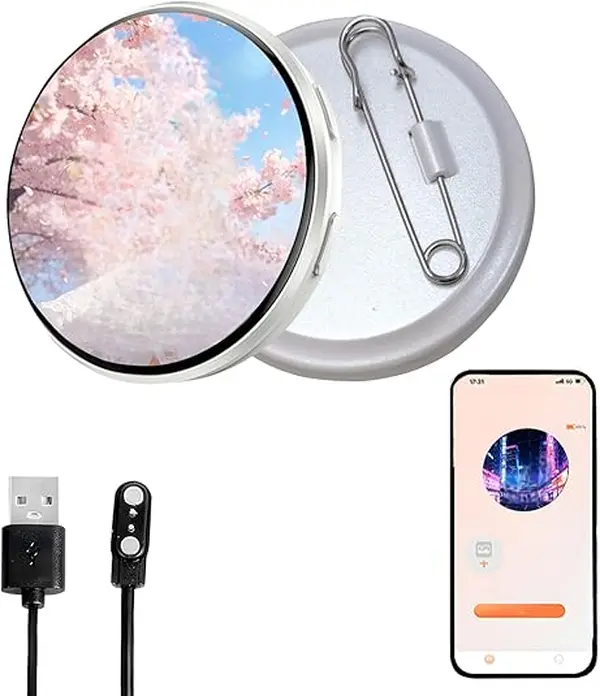 Digital Badge Pin with Anime Themed Pixel Screen, Bluetooth HD Touchscreen Badge Electronic Smart Display, 1.70-inch 360x360 Resolution Photo Video GIF for Cosplay, Conventions, Events