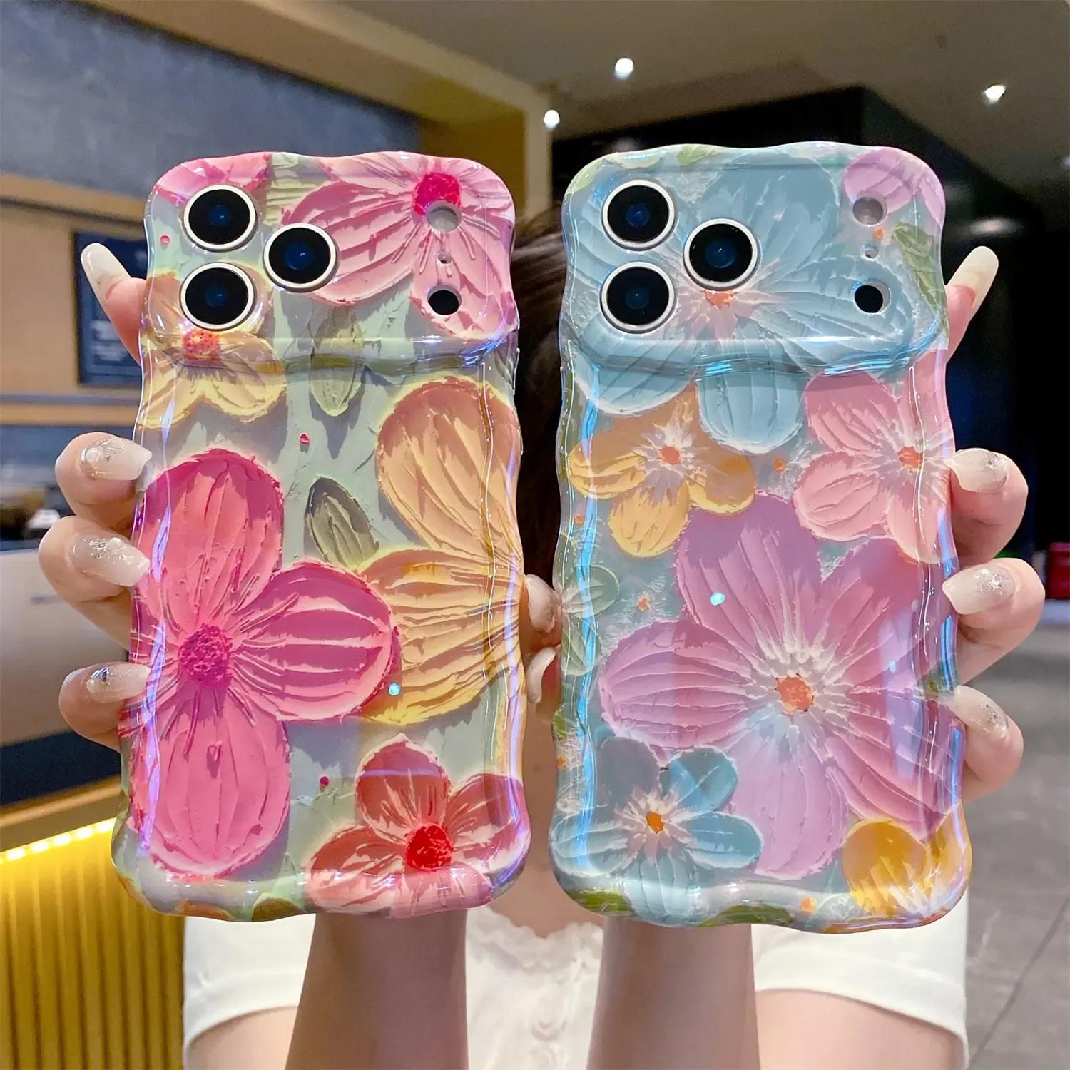Laser Colorful Retro Oil Painting Flower Pattern for iPhone 17 Pro Max/17 Air 16 15 14 13 Pro Cute Curly Wave Frame Exquisite Phone Case for Girls Women, Shockproof TPU Protective Phone Cover