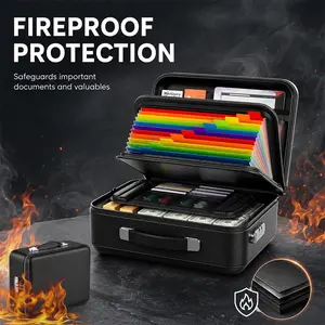 Fireproof Document Box with Lock, Hard Shell Portable Safe File Organizer with Accordion Folder, Waterproof Fire Resistant Storage Case for Documents, Cash, Valuables and Certificates, Black