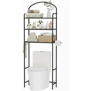 Over The Toilet Storage Rack - 3 Tier Bathroom Organizer with 4 Hooks & Paper Holder - Space Saving Metal Shelf for Bathroom - Black Toilet Storage
