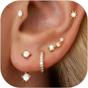 6 Pairs 14K  Plated Stud Earrings for Women,  Cartilage Earrings for Multiple , Dainty Small Stackable Earrings  Set