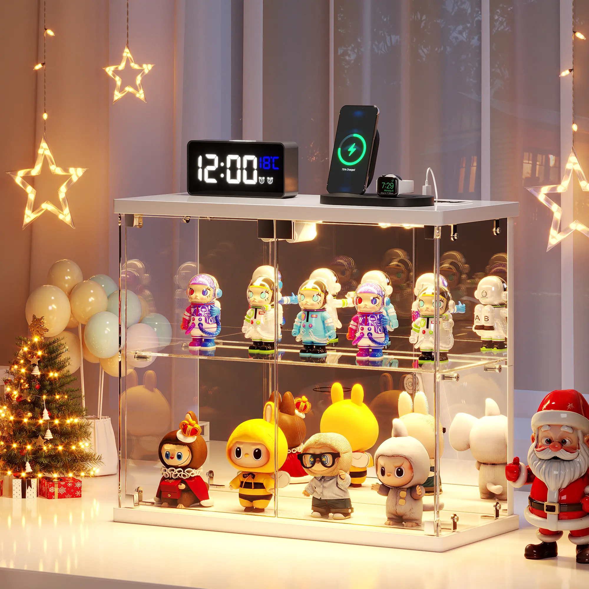 Vlsrka Lighted Clear Glass Display Case - for Figures & Collectibles, Small 2-Tier Display Cabinet with Charging Station, LED Display Box with Lights & Human Sensor, for Model Car, Perfume