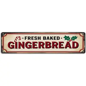 Rustic Christmas Baking Tin Sign - ''Fresh Baked Gingerbread'' Metal Sign, 16x4 Inch - Vintage Art Sign For Home, Kitchen, Baking Room, Bar or Cafe, Candy Store Wall Decor, Christmas Decor