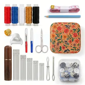 53Pcs Sewing Kit in Vintage Zipper Case, Big Eye Needles, Thread, Buttons, Threader & Elastic/Drawstring Threader Bodkin Tools for Home, Travel & Beginners, Gift for Mom