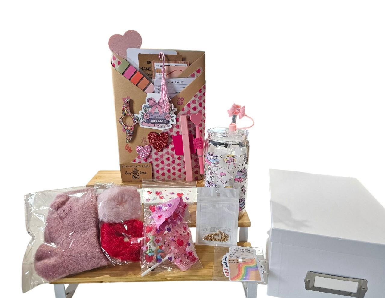 Blind Date with a Thriller Book Limited Edition Pink Box - Includes Book, 16oz Glass Cup, Stickers, Hair scrunchies & 3 Bookmarkers & More gift