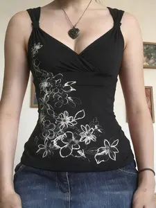 Women's Summer Vintage Floral Print V-Neck Cross Bow Tie Slim Fit Tank Top, Casual Sleeveless Lace Up Design Vest, Fashionable Clothing