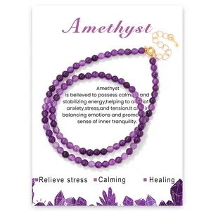 Natural Amethyst 3mm Round Beads Necklace - Amethyst  Beaded Chains Fashion Simple Men Women Jewelry Gifts