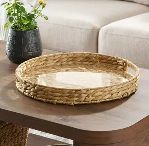 Better Homes and Gardens 16 Inch Natural Water Hyacinth Decorative Tray with Clear Acrylic Insert Woven Round Tray for Candles Vases Books and Home Decor