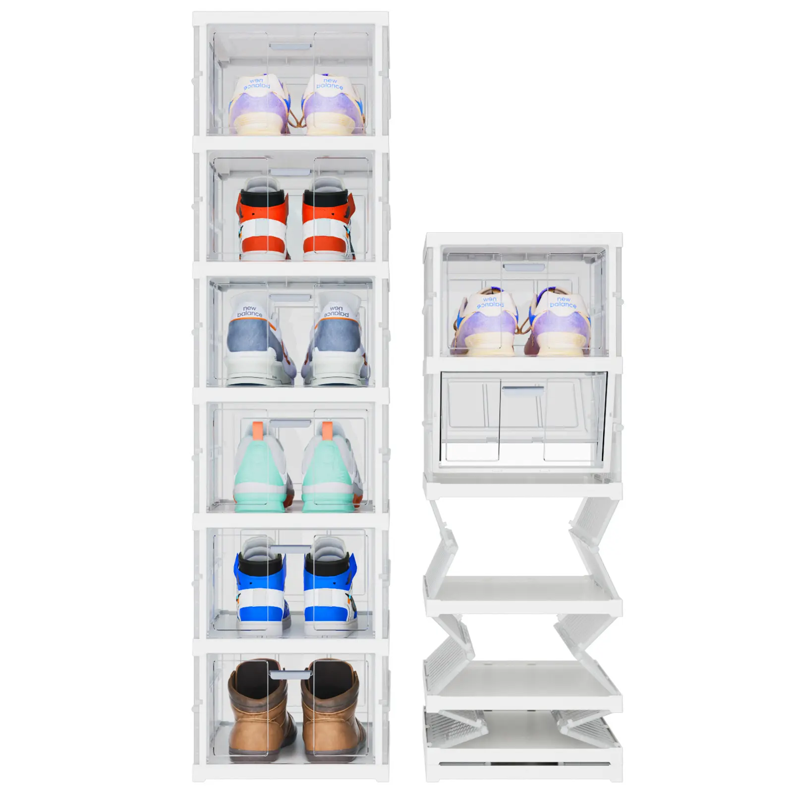 Foldable Shoe Box Organizer with Transparent Doors for Shoes Sneakers - No Assembly Required Stackable Storage Bins Organizer for Caps Collections Display,