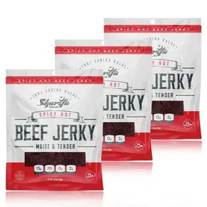 Sharifa Halal Beef Jerky, Spicy, (3) 2.85 oz. Bag – Great Everyday Halal Jerky Beef Meat Snack, 100% Real Zabiha Halal Beef, 13g of Protein, 70 Calories, 0g Trans Fat, & 2g of Carbohydrates