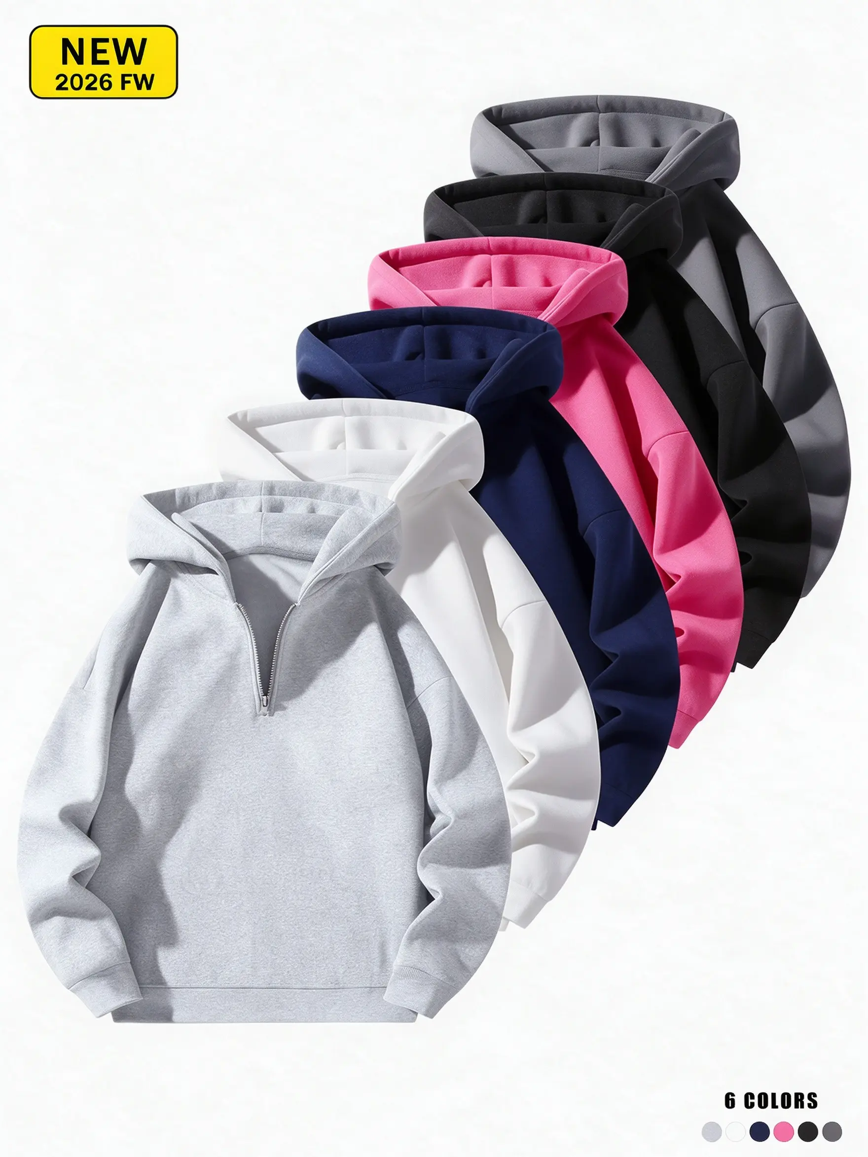 Minimalist half-zip hoodie sweatshirt with a relaxed drop-shoulder silhouette soft and breathable fabric Basic solid color available in multiple options for versatile everyday wear Unisex design