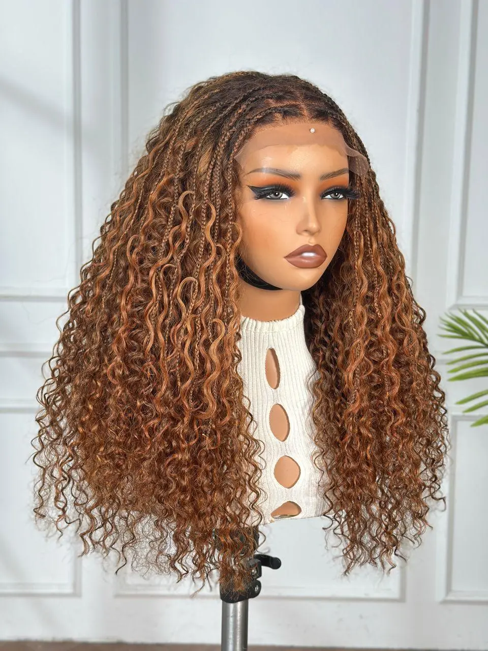 Boho Braided Wig Human Hair, 22 Inch Curly Wig with Braided Crown | 5x5 HD Lace Closure, 250% Density, Glueless Adjustable Cap, Natural Black & Brown - Braided Muse