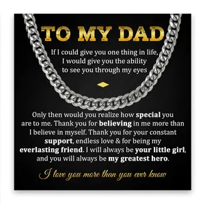 To My Father Dad Necklace From Daughter Son- Jewelry Gift For Fathers Day, Men's Chain Cuban Necklace, Mens Cuban Link Chain Necklace, Silver Stainless Steel Chain Hip Hop Birthday Christmas Anniversary Jewelry for Dad Happy Father's Day Gift