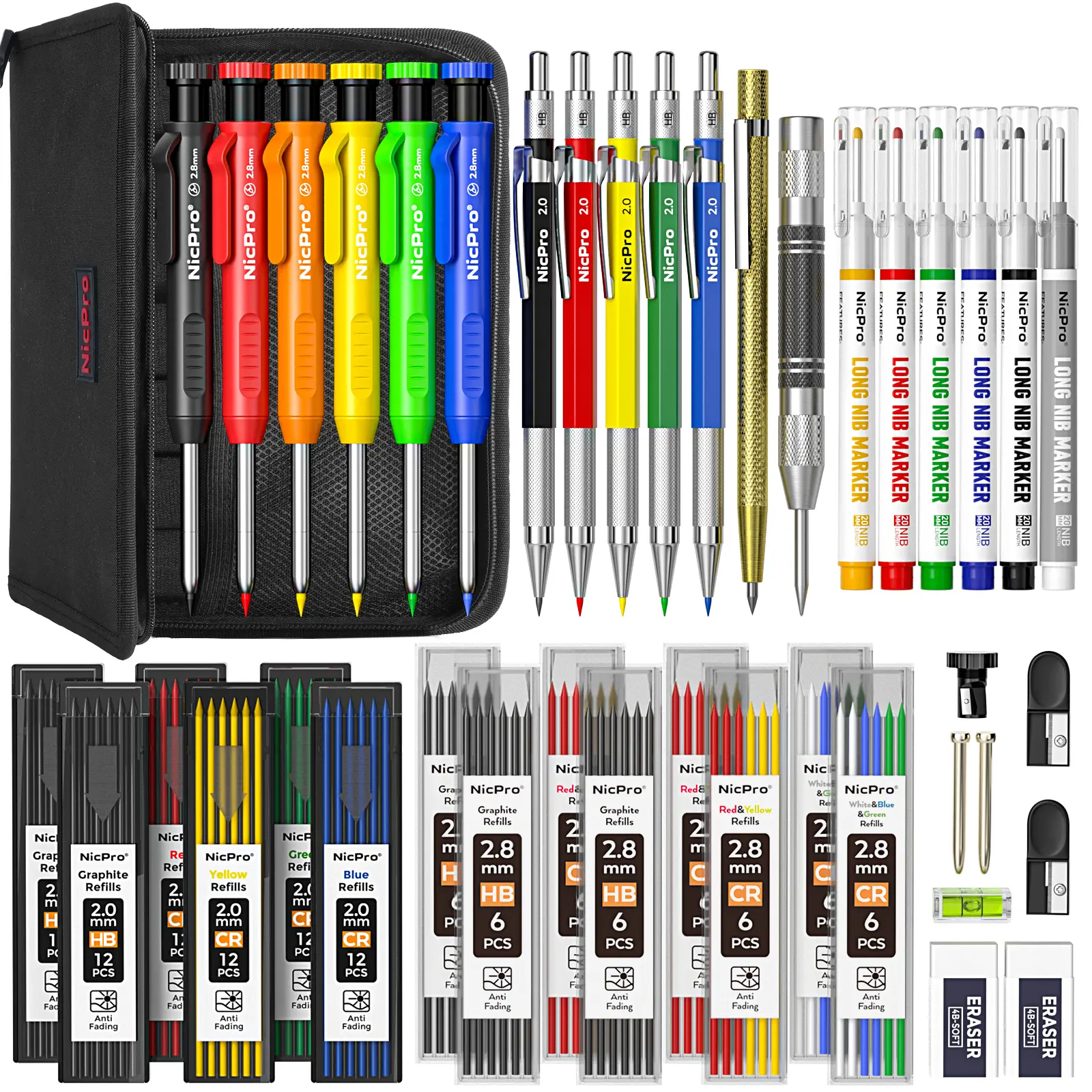 Nicpro Portable Mechanical Pencil Set - 3 Pack Carpenter Pencils with 1.3mm Colorful Leads, 2.0mm Leads, Built-In Sharpener, Refills, Carbide Scribe Deep Hole Marker, Heavy-Duty Canvas Case for Carpentry Drawing Supplies, Office Stationery,techvibes