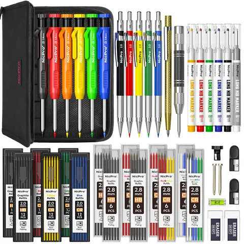 Nicpro Portable Mechanical Pencil Set - 3 Pack Carpenter Pencils with 1.3mm Colorful Leads, 2.0mm Leads, Built-In Sharpener, Refills, Carbide Scribe Deep Hole Marker, Heavy-Duty Canvas Case for Carpentry Drawing Supplies, Office Stationery