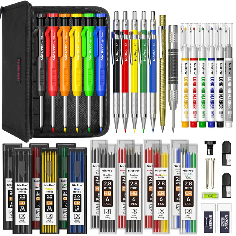 Nicpro Portable Mechanical Pencil Set - 3 Pack Carpenter Pencils with 1.3mm Colorful Leads, 2.0mm Leads, Built-In Sharpener, Refills, Carbide Scribe Deep Hole Marker, Heavy-Duty Canvas Case for Carpentry Drawing Supplies, Office Stationery