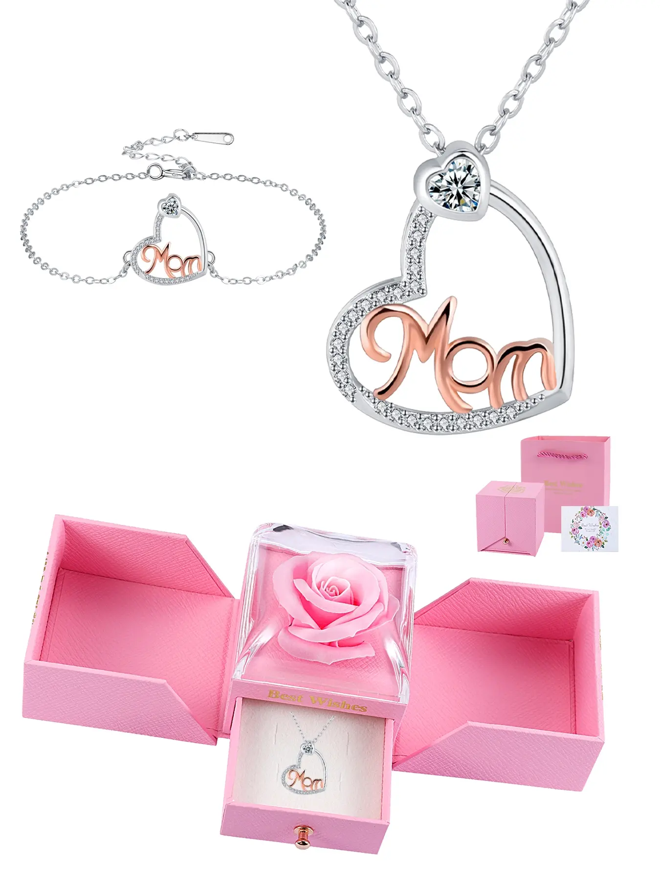 "mom" Heart Pendant Set, Heart Mom Necklace & Bracelet, Elegant Women's Jewelry with Rose Gift Box, Perfect Gift for Mother, Lover, Anniversary, Holiday
