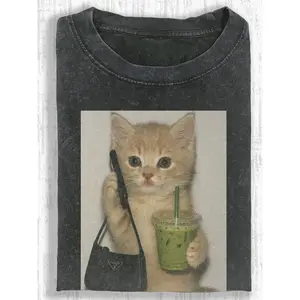 Vintage Cat Graphic Tee: Washed Cotton Unisex T-Shirt with Fashionable Cat & Beverage Wax Print, Retro Style Casual Top for Daily Wear | High-Quality Bestseller & Great Holiday Gift Idea Short Lightweight Breathable Geometric Everyday Flared