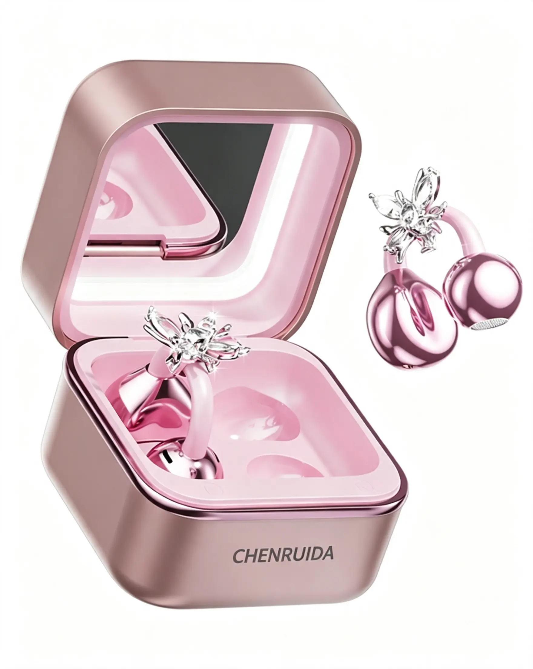 CHENRUIDA Mini Square Wireless Bluetooth Earbuds - Audio Headphones with Built-in Makeup Mirror, Fill Light, 360° Panoramic Sound, Active Noise Cancellation, Soft Silicone Ear Tips, Extra-Long Battery Life