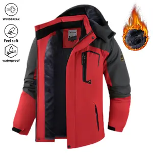 Men's Winter Fleece Lined Warm Waterproof Windbreaker Jacket - Red Black Plaid Fleece Lining, Hooded Design, Suitable for Outdoor Mountaineering and Hiking