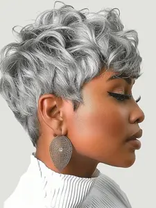 Short Pixie Wigs Short Grey Curly Pixie Wigs Synthetic Hair Wigs  Natural Wavy Grey Pixie Cut Wig Short Curly Layered Pixie Wig