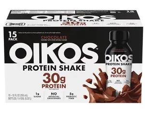 Oikos Protein Shake Chocolate 30g High Protein Drinks 5g Prebiotic Fiber 12 fl oz Bottle 15 Count Ready to Drink No Artificial Sweeteners