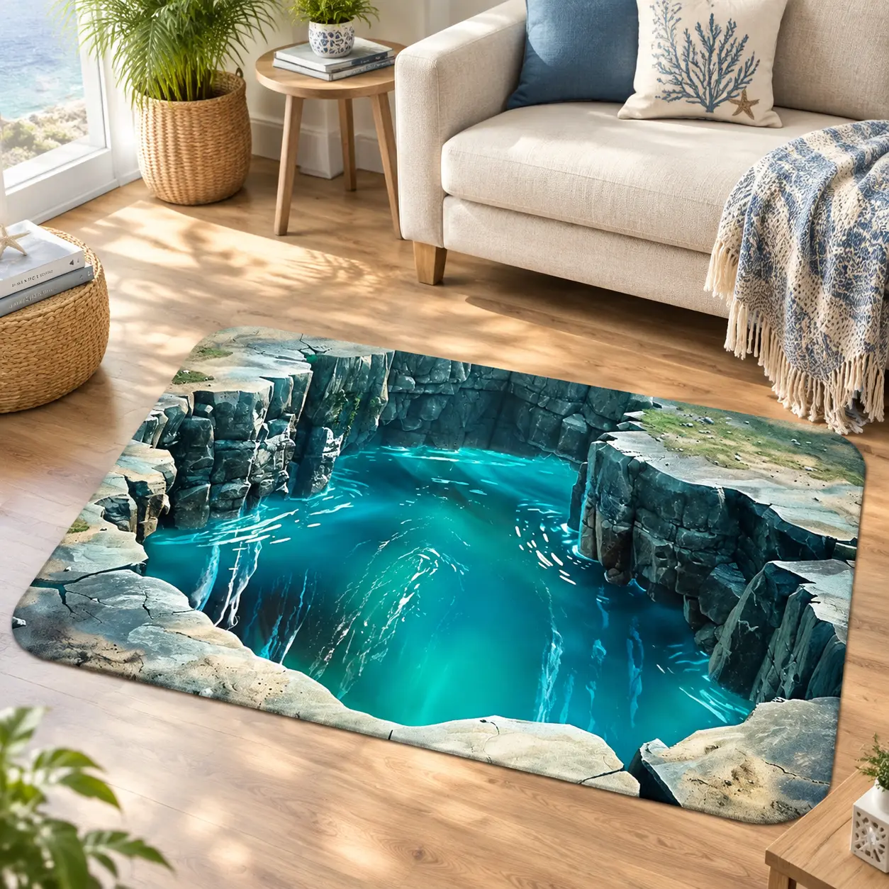 3D Illusion Optical Illusion Area Mat - Anti-Slip Lightweight Machine Washable 100% Mat with 3D Cave Waterfall Design for Bedroom, Living Room, Entryway & Outdoor Use