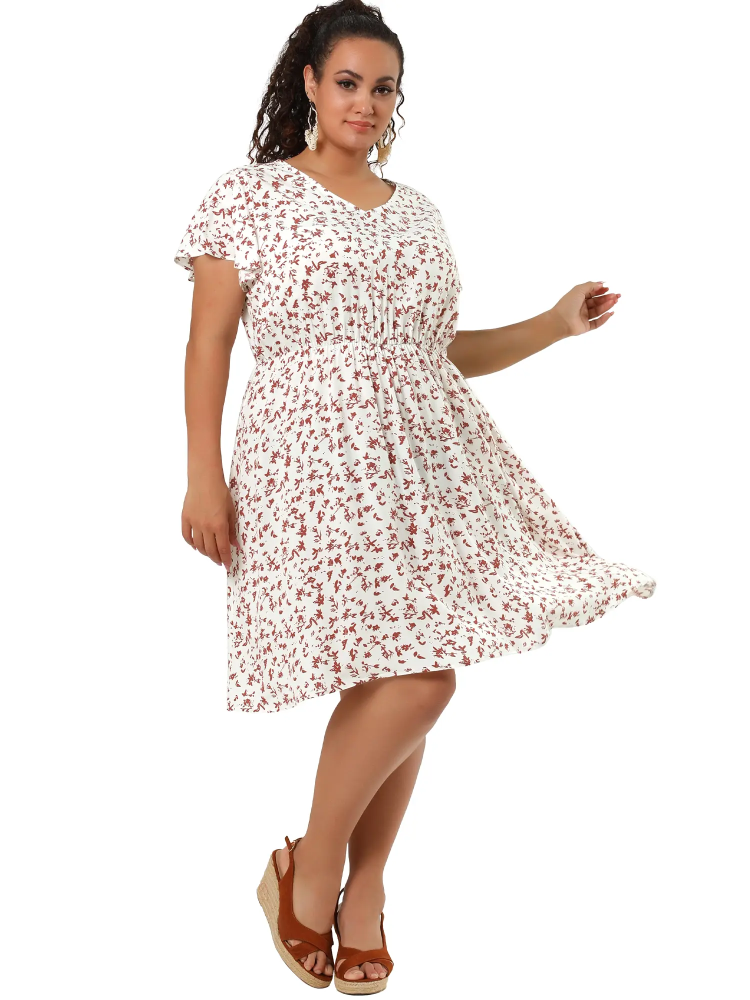 Agnes Orinda Summer Dresses Plus Size V Neck Flare Sleeve Sundress Peplum Midi Ruffle Dress