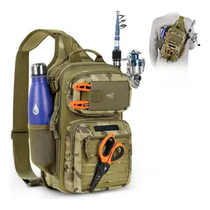 Tactical Fishing Sling Bag Lightweight Tackle Backpack with Rod Holder, Storage Compartments and Adjustable Shoulder Strap for Fishing Gear Outdoor Travel Hiking Camping