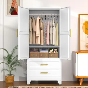 71" Metal Armoire Wardrobe Closet, Tall Clothing Storage Cabinet with Hanging Rods and 2 Drawers, Household Closet Organizers with Adjustable Shelves for Home Office or Gym
