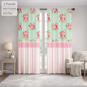 2 Pcs Shabby Chic Rose Floral Polka Dot Striped Digital Printed Rod Pocket Curtains for Bedroom Office Kitchen Living Room Study Home Decor
