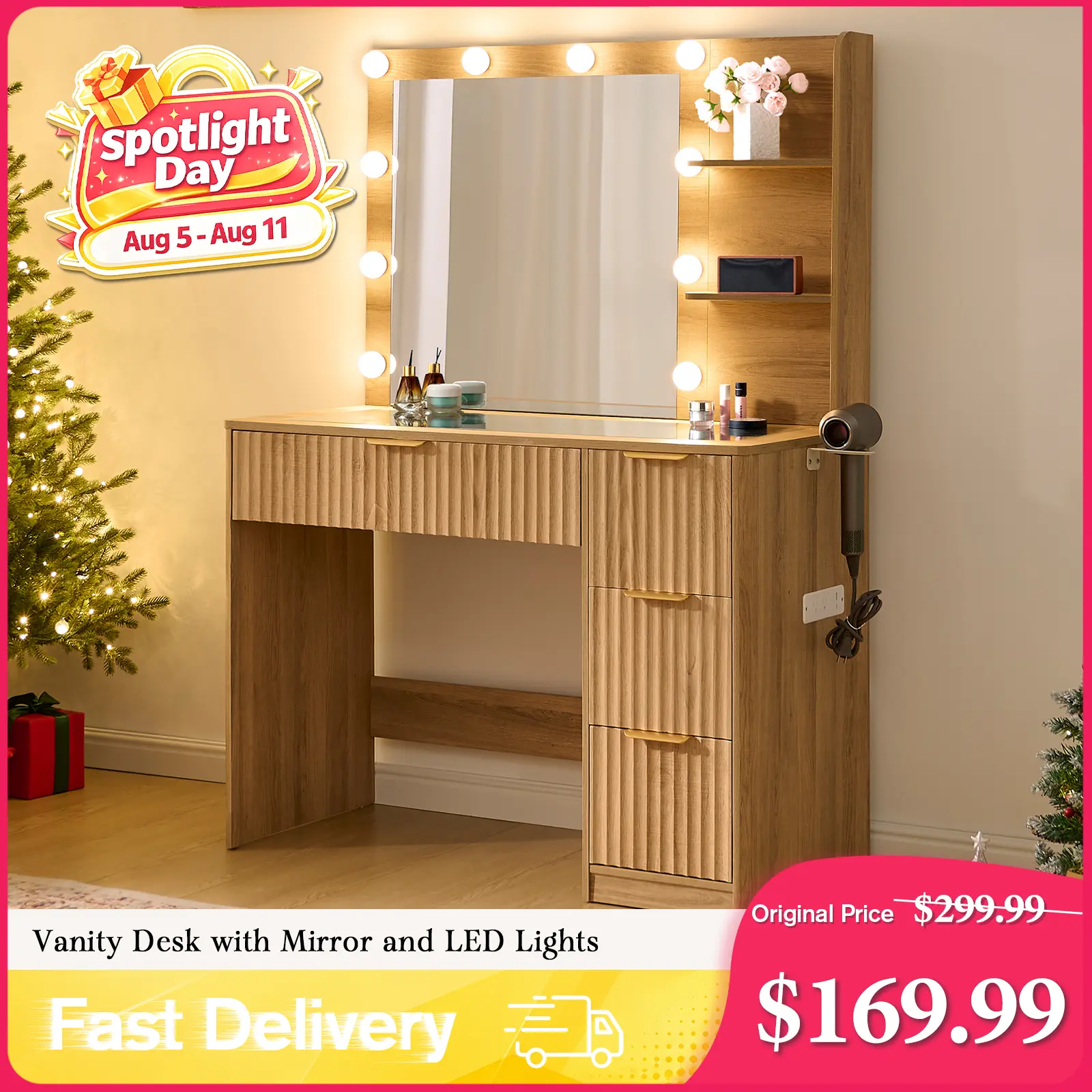 AMERLIFE 36.2/47.2" Fluted Vanity Desk with Mirror and Adjustable LED Lights, Large 4/7 Drawers Makeup Table with Glass Top and Charging Station for Women and Girls, Bedroom or Dorm/Best Gift Ideas/Christmas Gifts[tiktokshopbacktoschool][SohoChic]