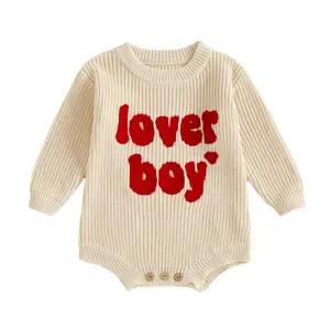 REDWOON Newborn Baby Boy Valentines Day Outfit Lover Boy Embroidery Knit Sweater Romper Long Sleeve Bubble Bodysuit