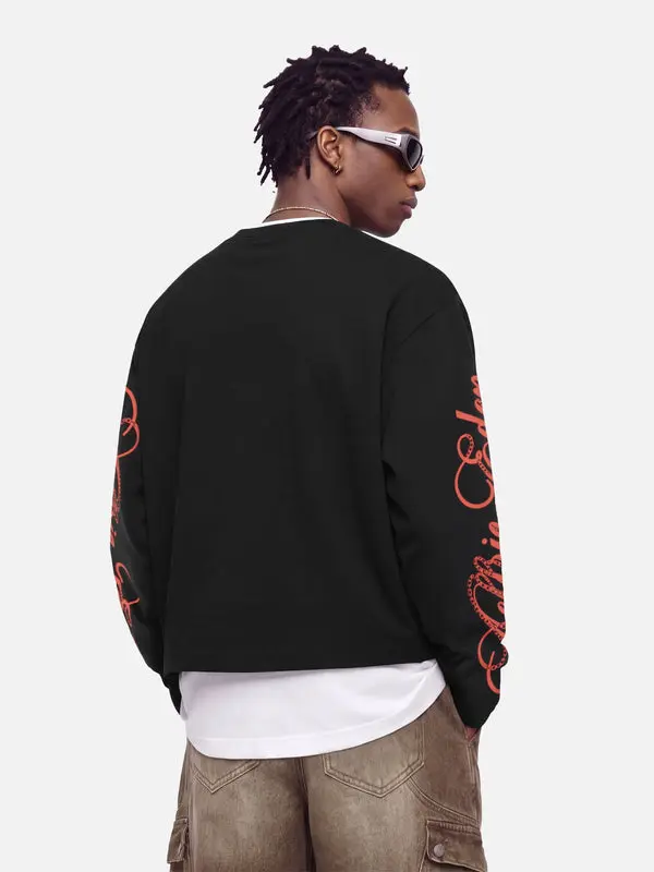 Aelfric Eden Boxy Thorn Chain Graphic Long Sleeve Tee Oversized Boxy Fit Dual Sleeve Thorn Chain Print Detail Heavyweight Cotton Fabric Y2K Edgy Streetwear Unisex Top
