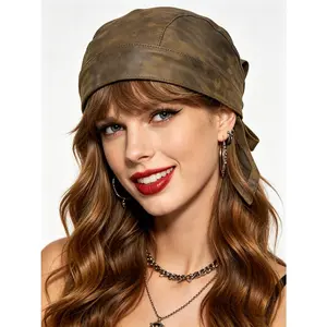 Women's Faded Leather Bandana Biker Cap Hat Motocycle Riding Head Wrap For Female Lady, Pirate Skull Doo Rag, Adjustable Cycling Sports Party Headband, Confortable Headscarf Hair Bonnets, Vintage Brown Hair Accessories, Distressed Retro Streetwear Style