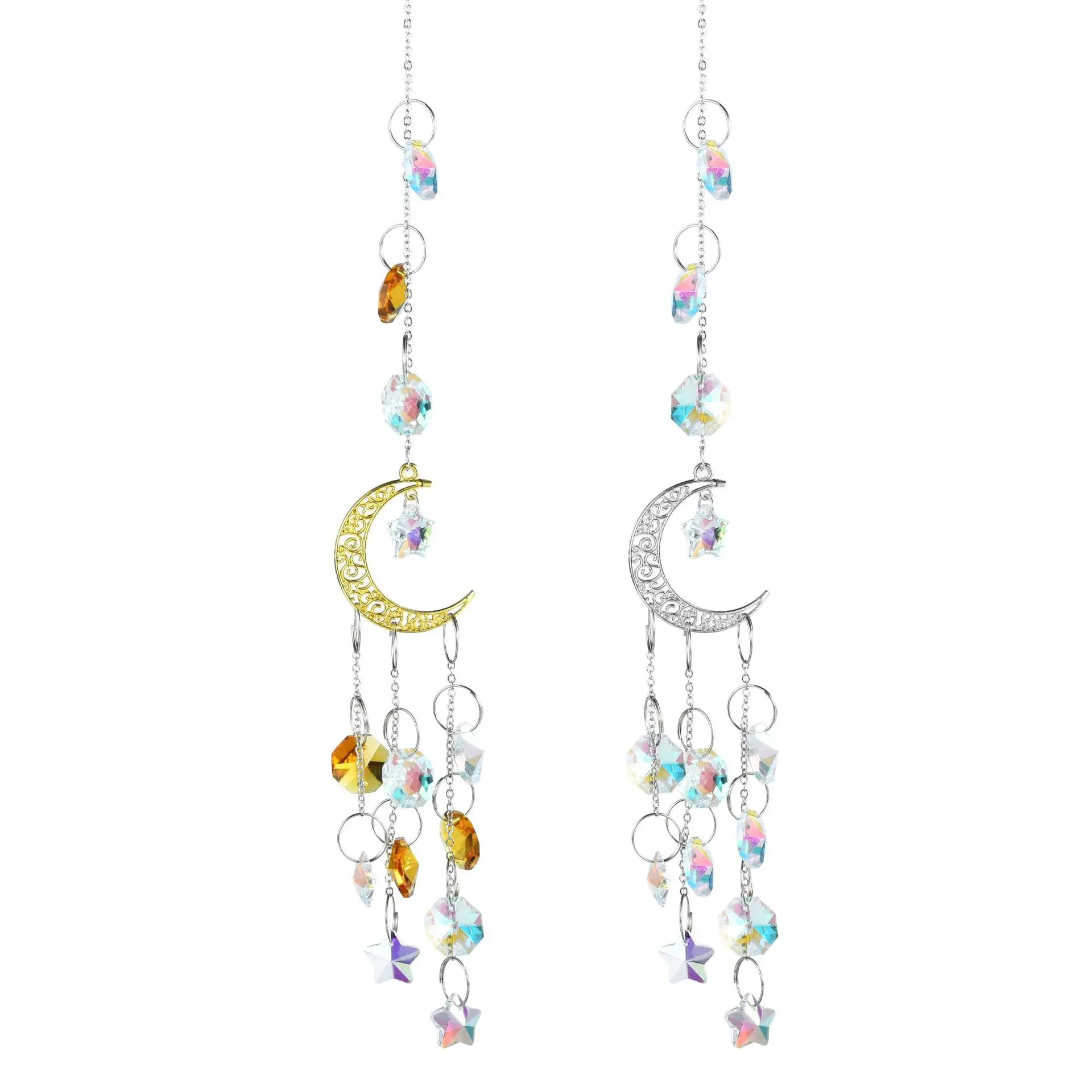 2Pcs Moon & Star Faceted Glass Suncatcher, Magical Light Catcher Wind Chime with Gold-Tone Moon Charm, Elegant Hanging Decor for Bedroom, Living Room, Window, Garden & Car Interior, Whimsical Home Accent