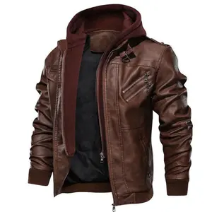Men Brown Leather Motorcycle Jacket with Removable Hood
